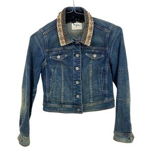Anthropologie HOLDING HORSES Denim Jacket Beaded Neck Blue